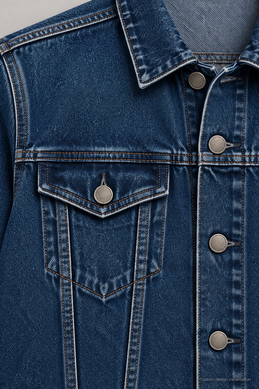 Veste jean homme indigo délavé à poches à rabat personnalisée — détail — visualisation du concept