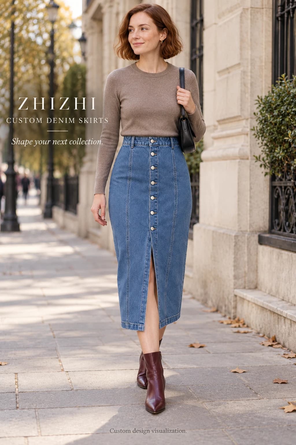 Women's blue seven-button front-slit denim midi skirt design visualization — street-front — original design concept
