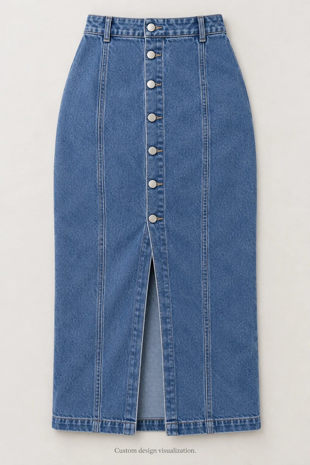 Blauer Denim-Midirock mit Knopfleiste nach Maß — Vorderansicht — Entwurfsvisualisierung