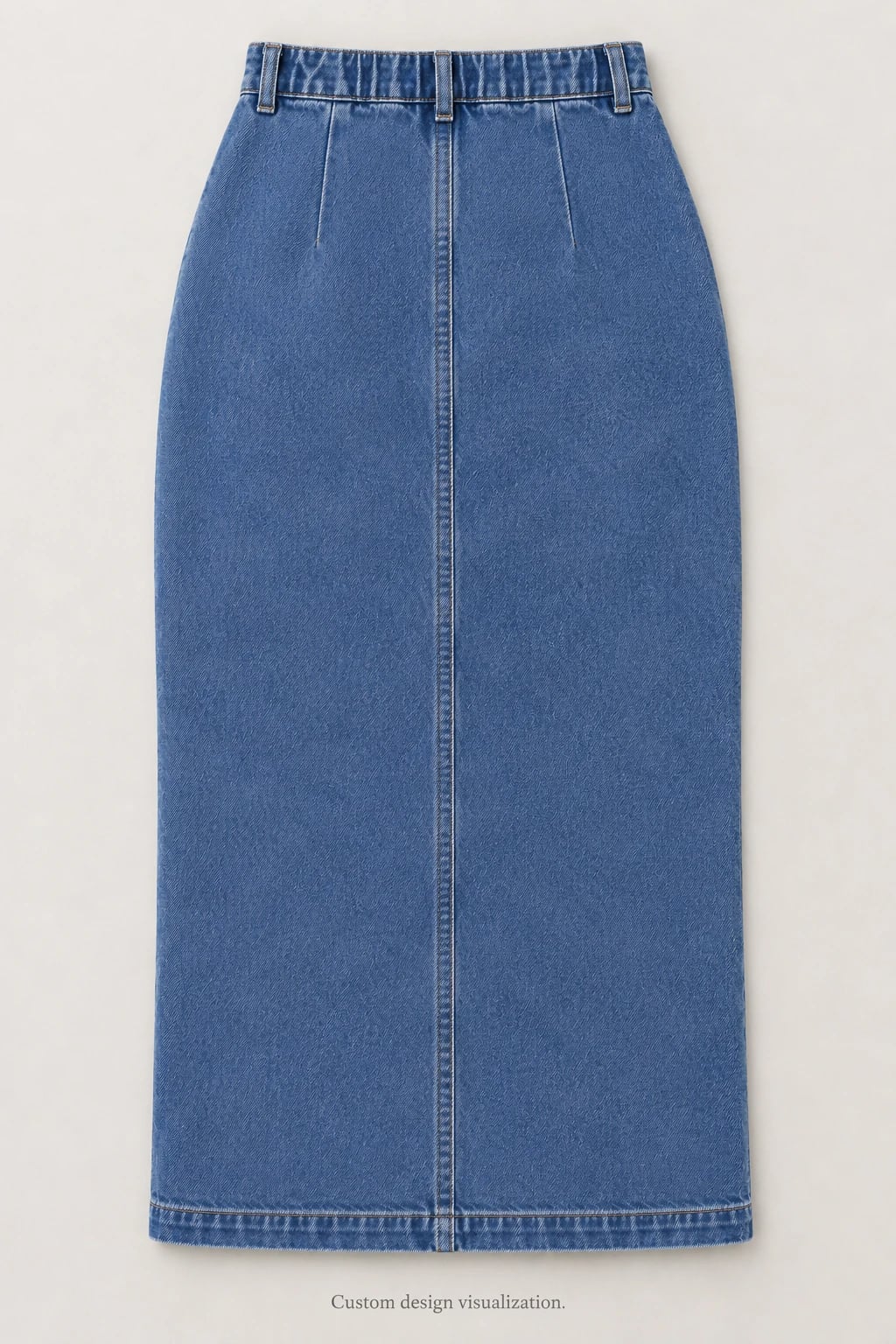 Blauer Denim-Midirock mit Knopfleiste nach Maß — Rückansicht — Entwurfsvisualisierung