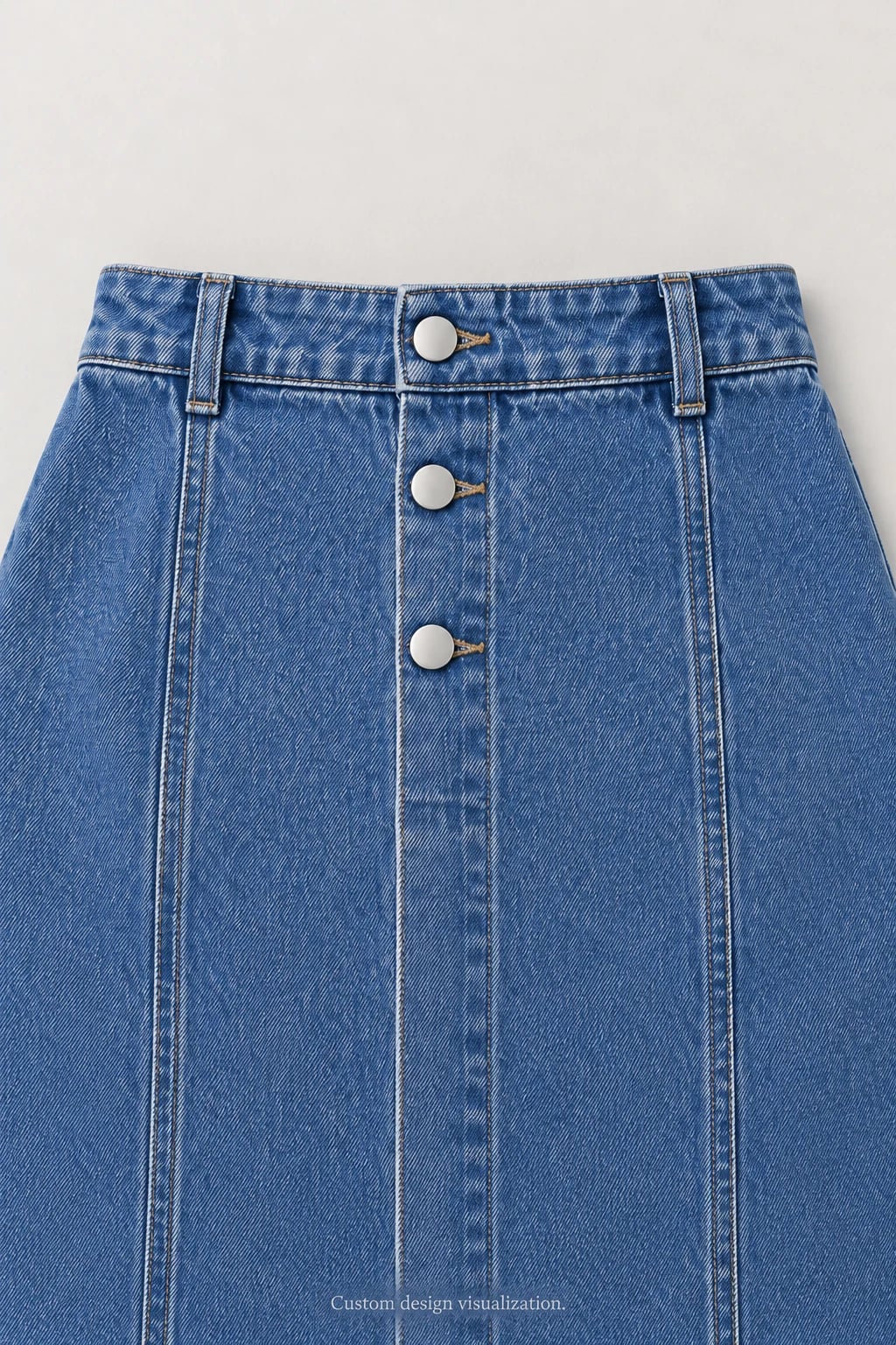 Blauer Denim-Midirock mit Knopfleiste nach Maß — Detail — Entwurfsvisualisierung