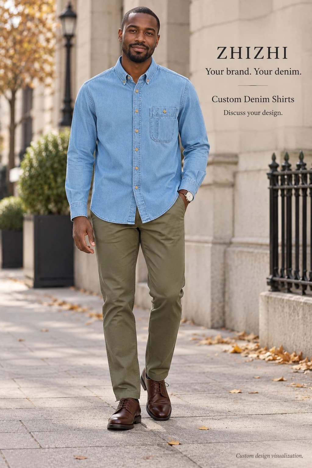 Mens light blue single-pocket button-down denim shirt custom design visualization — street-front — original design concept