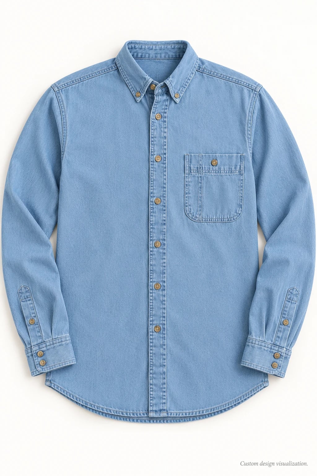 Camisa vaquera azul claro de hombre con cuello abotonado — frente — visualización del diseño