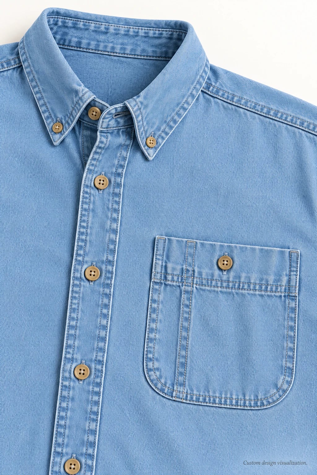 Camisa vaquera azul claro de hombre con cuello abotonado — detalle — visualización del diseño