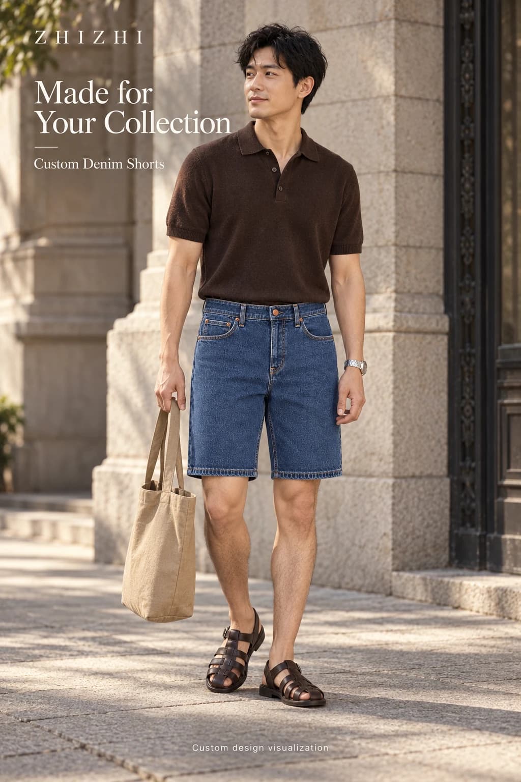 Men's stonewash blue straight knee-length denim shorts custom design visualization — street-front — original design concept