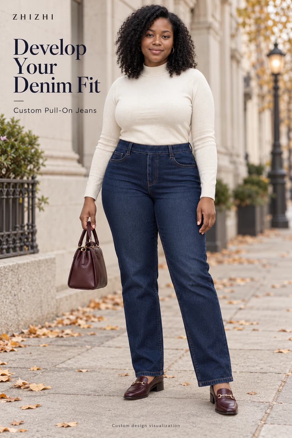 Women's curvy-fit pull-on straight denim jeans custom design visualization — street-front — original design concept