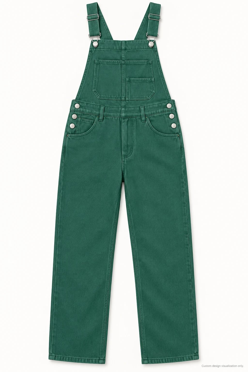 Peto vaquero verde oscuro de mujer personalizado — frente — visualización del diseño