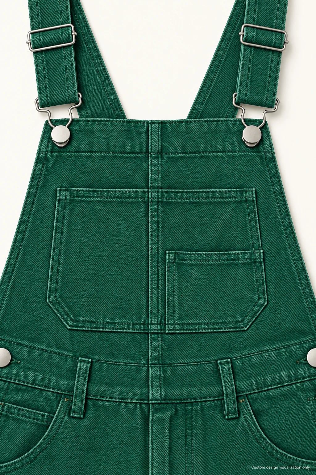 Peto vaquero verde oscuro de mujer personalizado — detalle — visualización del diseño