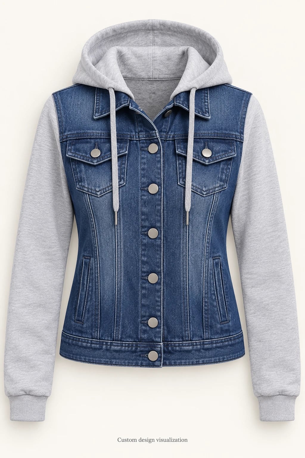 Chaqueta vaquera mujer índigo con capucha y mangas grises personalizada — frente — visualización del diseño