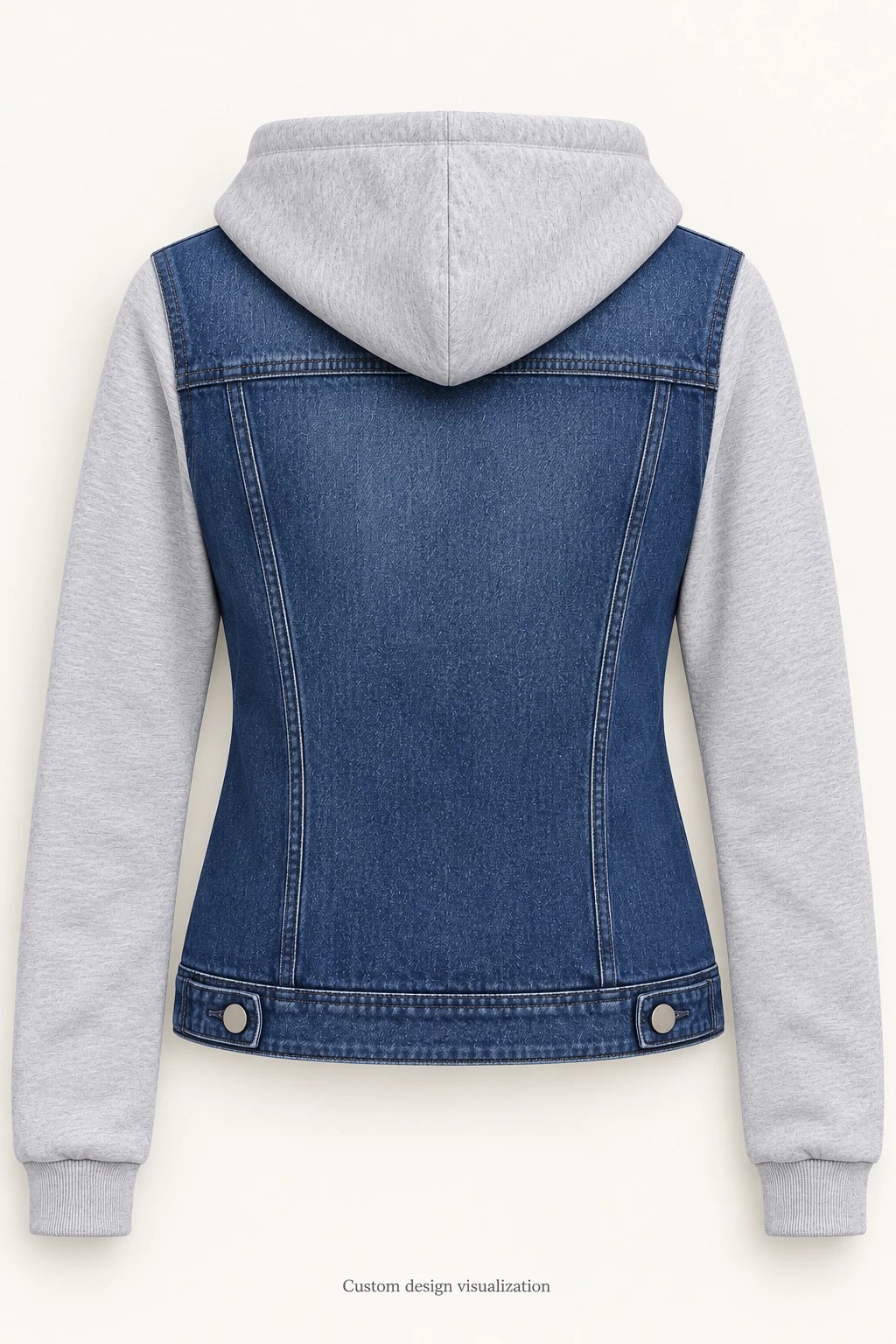 Chaqueta vaquera mujer índigo con capucha y mangas grises personalizada — espalda — visualización del diseño
