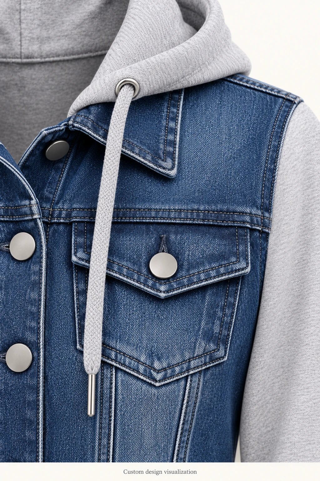 Chaqueta vaquera mujer índigo con capucha y mangas grises personalizada — detalle — visualización del diseño