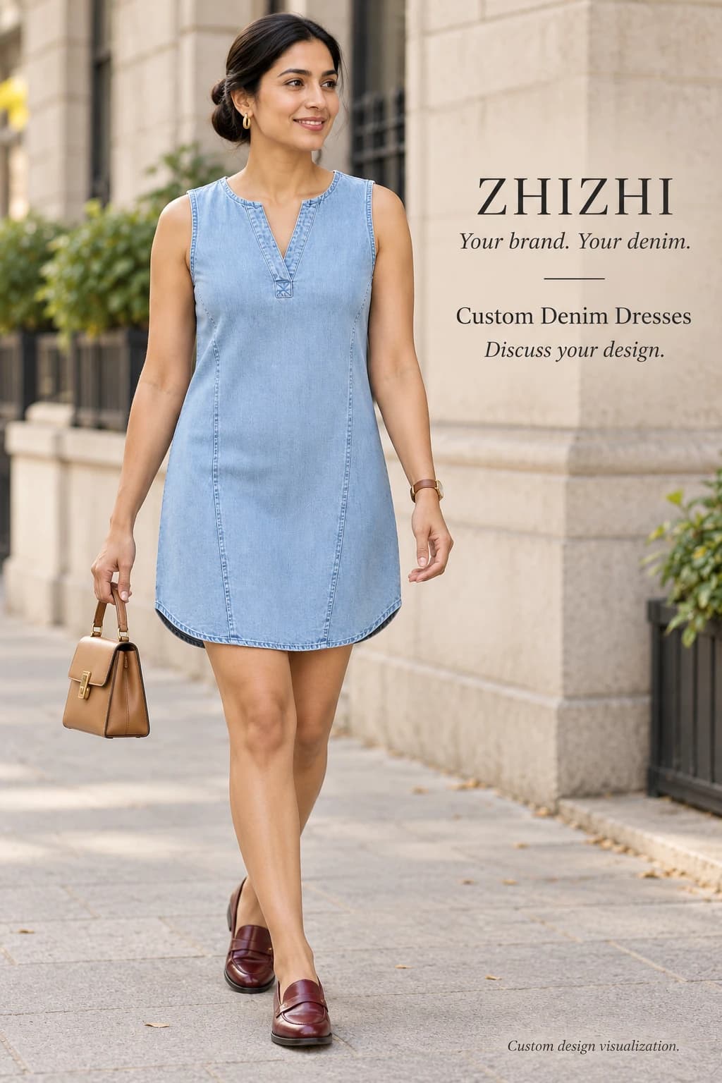 Womens light blue sleeveless notch-neck denim shift dress custom design visualization — street-front — original design concept