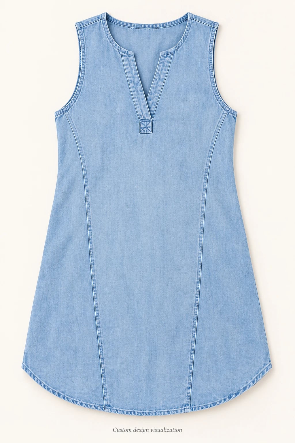 Vestido denim azul claro sin mangas personalizado — frente — visualización del diseño