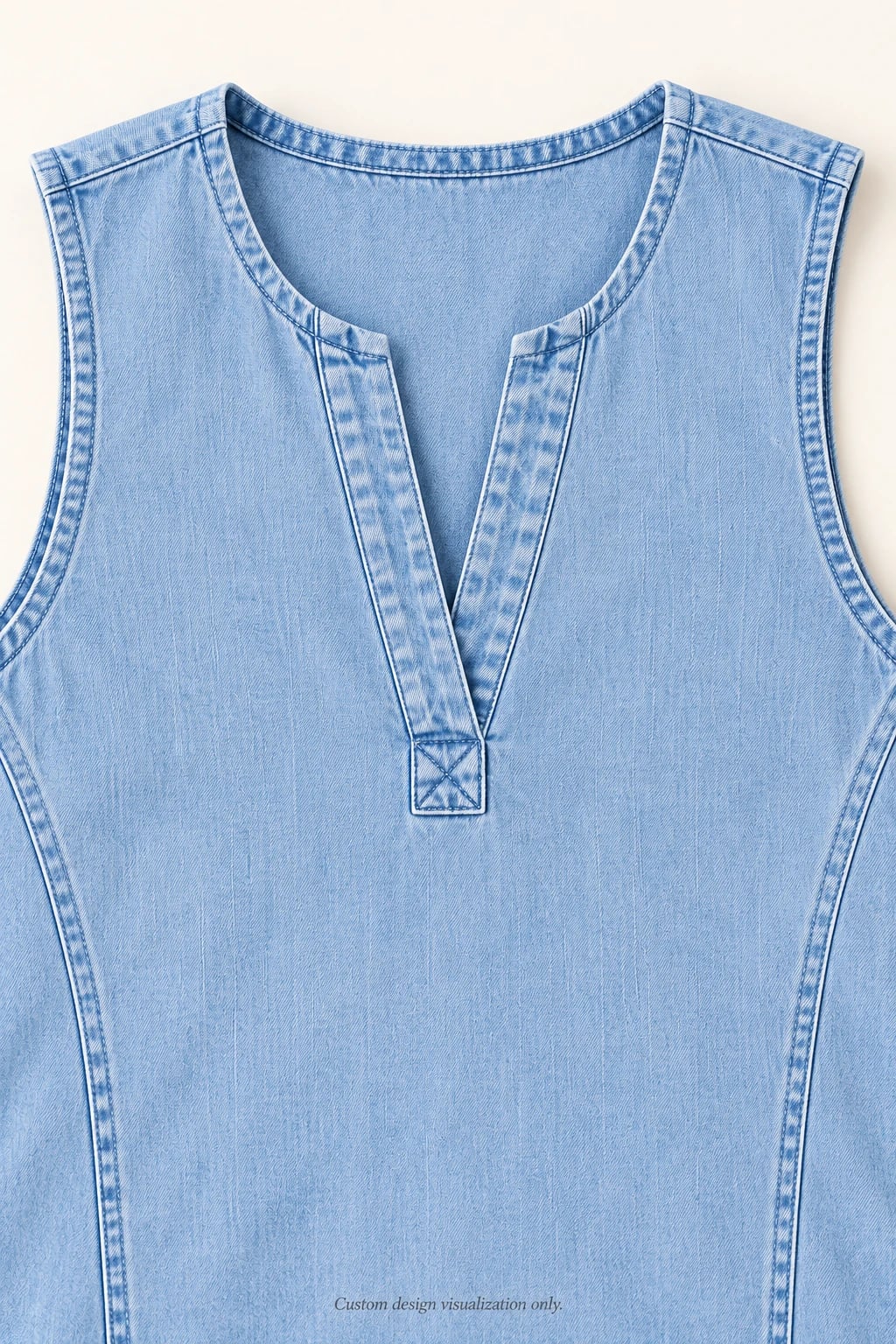 Vestido denim azul claro sin mangas personalizado — detalle — visualización del diseño