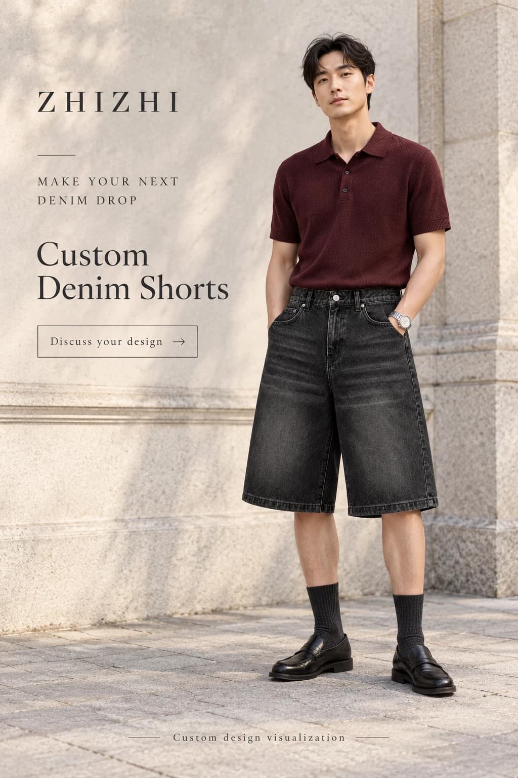 Custom mens Black wide leg denim shorts visualization — street-front — original design concept