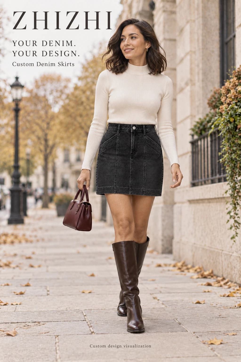 Custom women black panel seam denim mini skirt visualization — street-front — original design concept