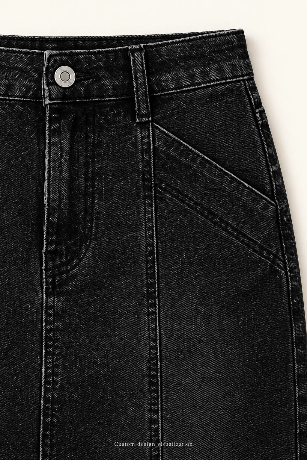 Custom Women's Black Panel-Seam Denim Mini Skirt — detail — custom design visualization