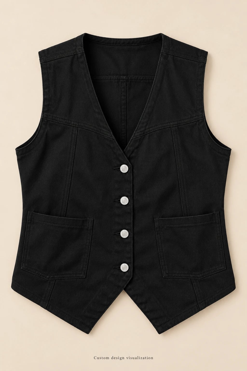 Custom Women's Black V-Neck Denim Vest — front — custom design visualization