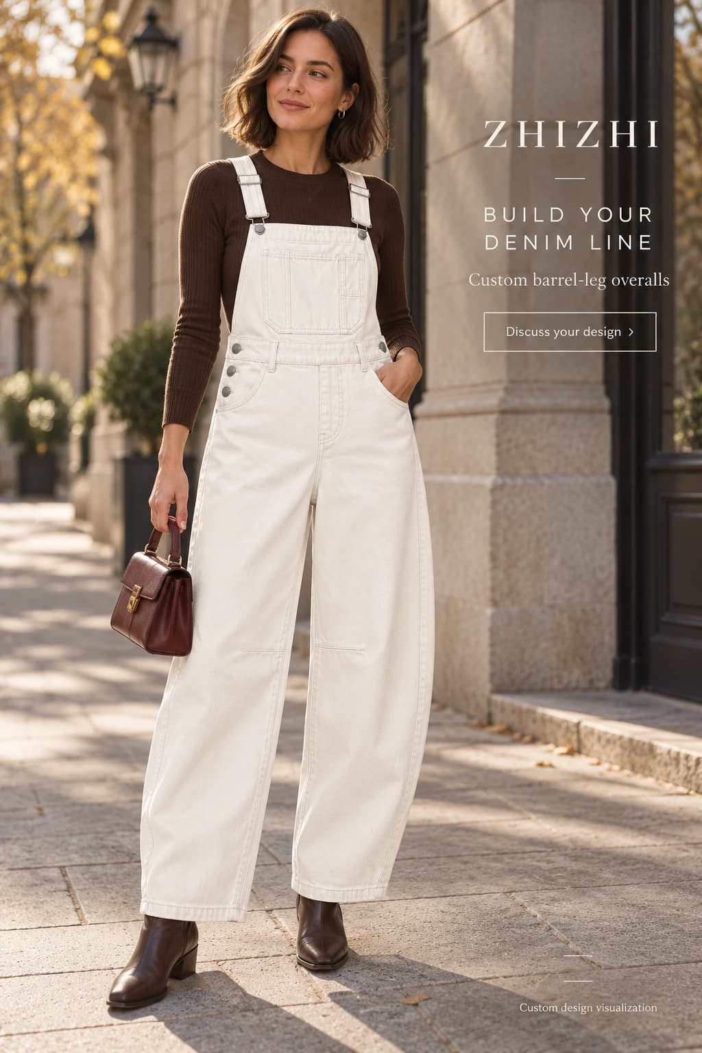 Custom womens cream white barrel-leg denim overalls design visualization — street-front — original design concept