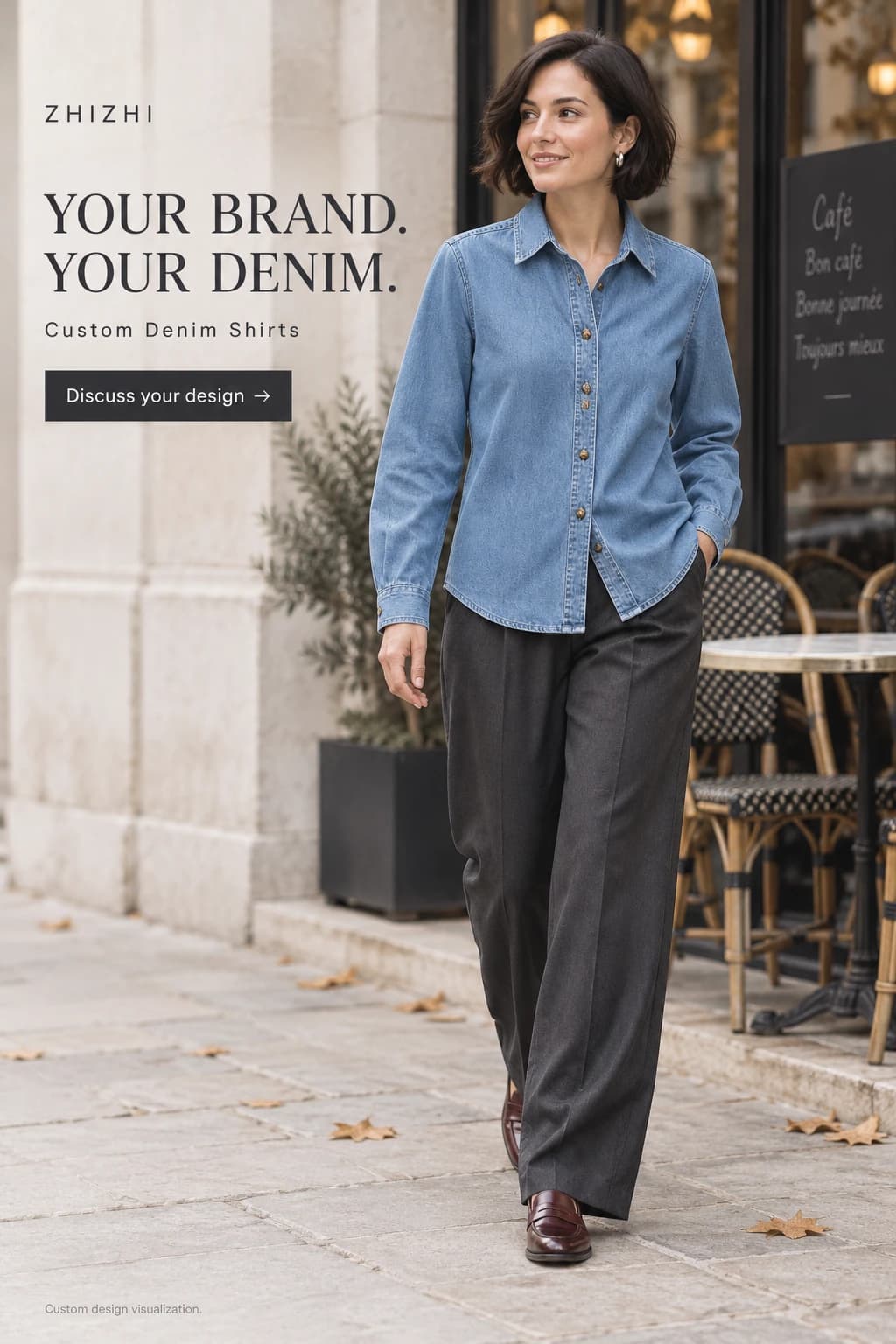 Women's faded blue pocketless denim shirt custom design visualization — street-front — original design concept