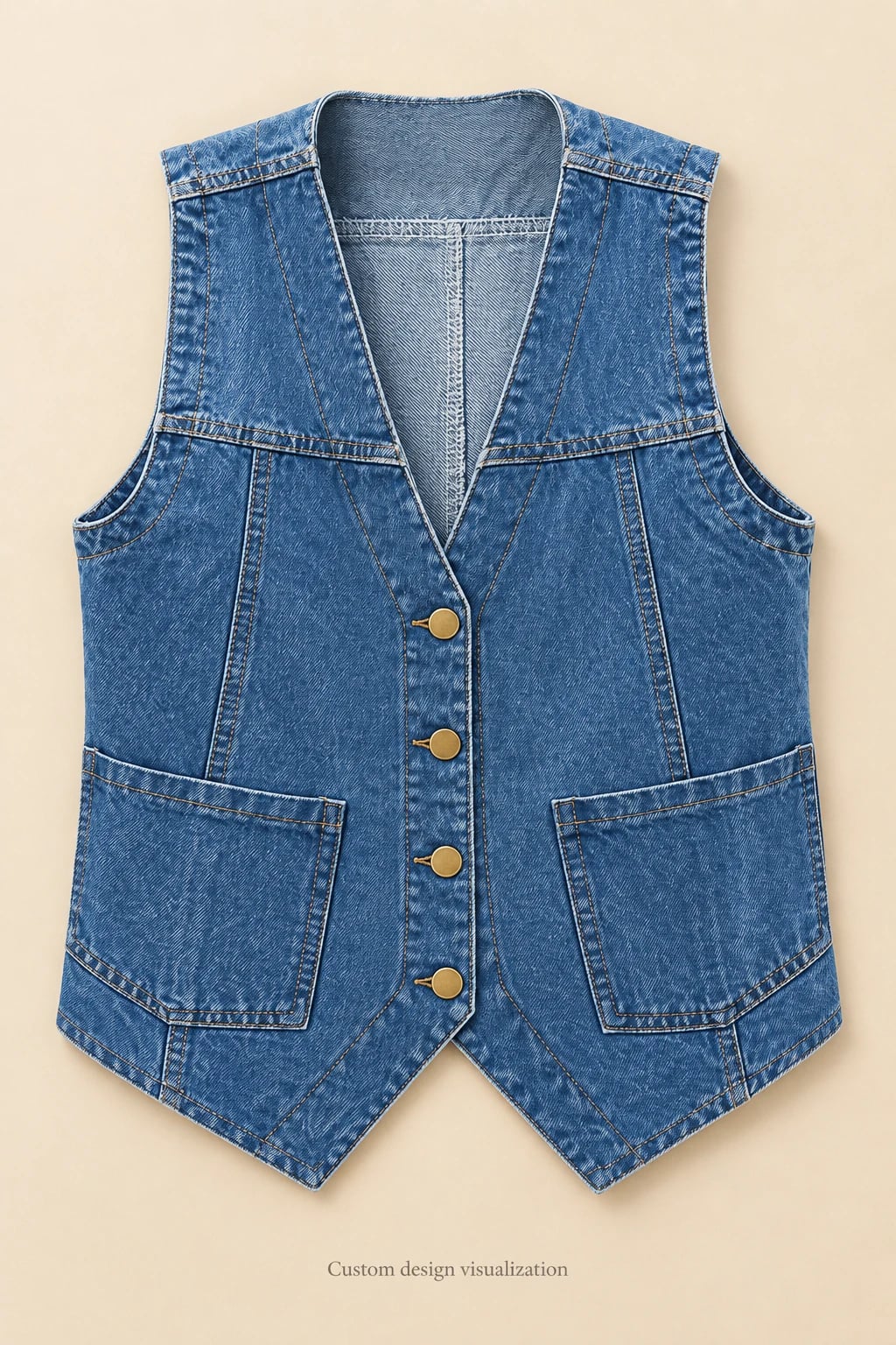 Custom Women's Medium-blue V-Neck Denim Vest — front — custom design visualization