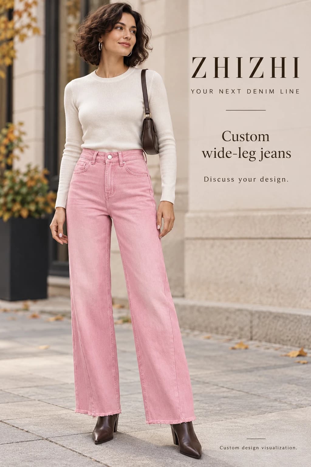 Custom womens pink high waist raw hem wide leg jeans design visualization — street-front — original design concept