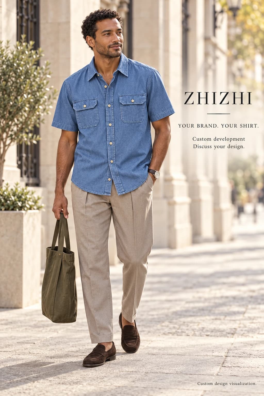 Custom mens blue short sleeve double pocket shirt design visualization — street-front — original design concept