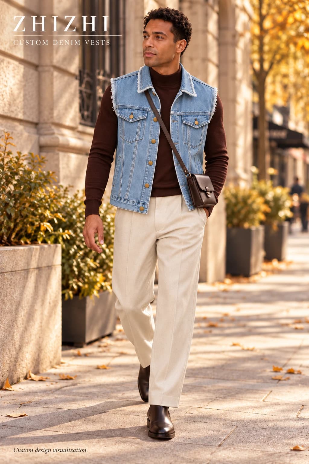 Custom mens light blue washed raw-edge denim vest design visualization — street-front — original design concept