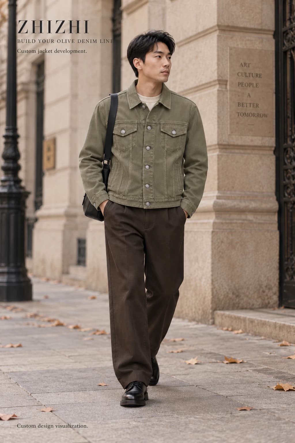 Custom mens olive flap pocket denim trucker jacket design visualization — street-front — original design concept