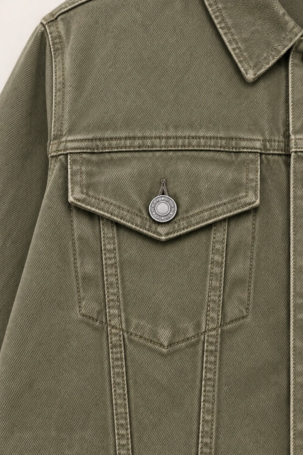 Custom Men's Olive Flap-Pocket Denim Jacket — detail — custom design visualization
