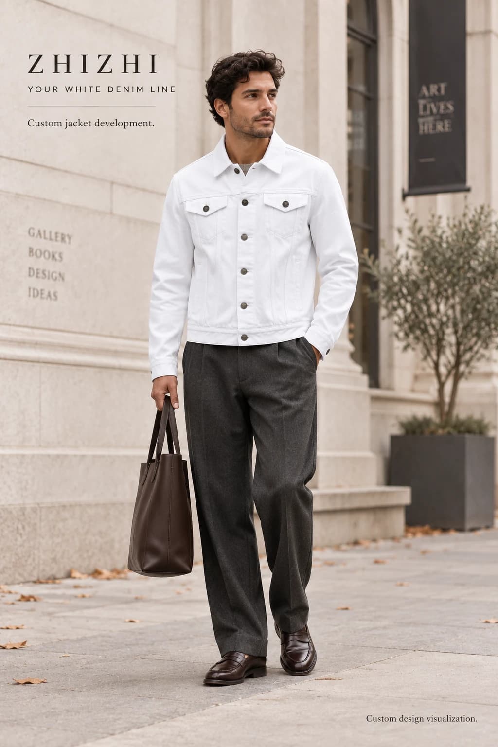Custom mens white flap pocket trucker denim jacket design visualization — street-front — original design concept