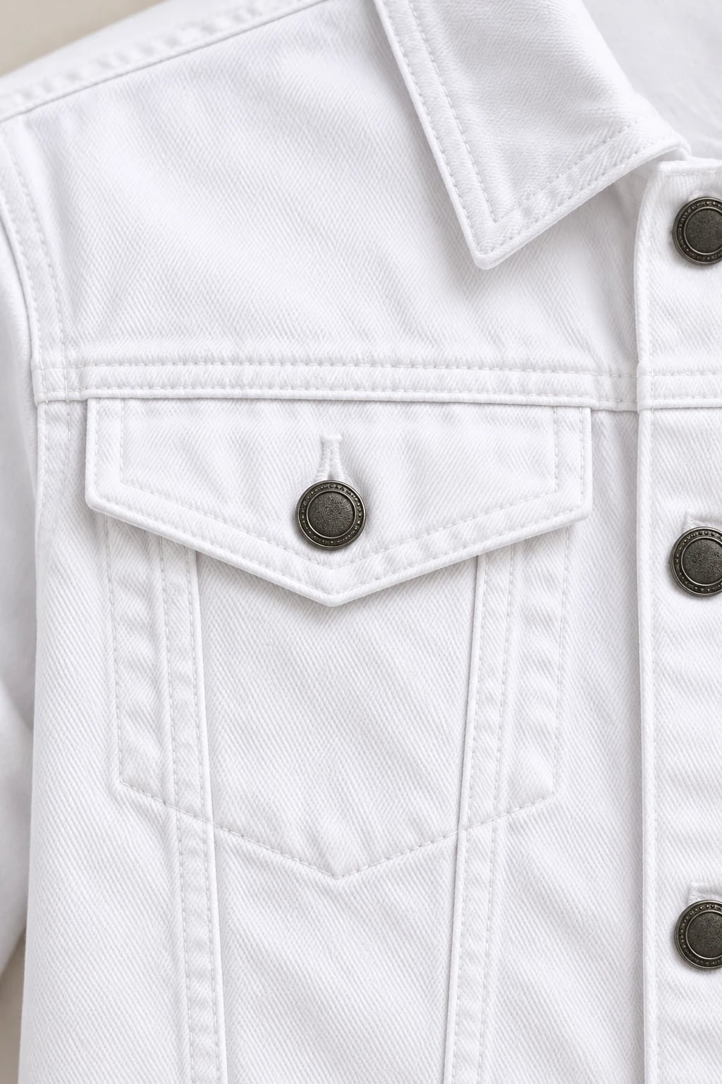 Custom Men's White Flap-Pocket Denim Jacket — detail — custom design visualization