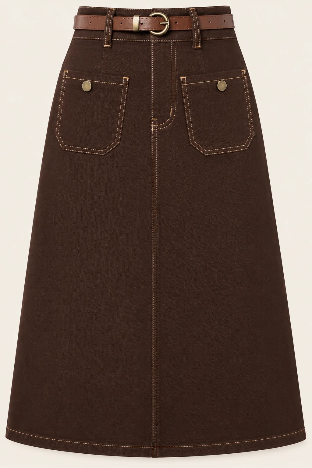 Custom Women’s Brown Patch-Pocket Denim Midi Skirt — front — custom design visualization