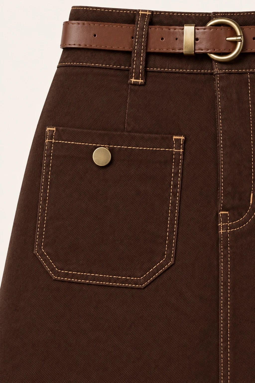 Custom Women’s Brown Patch-Pocket Denim Midi Skirt — detail — custom design visualization
