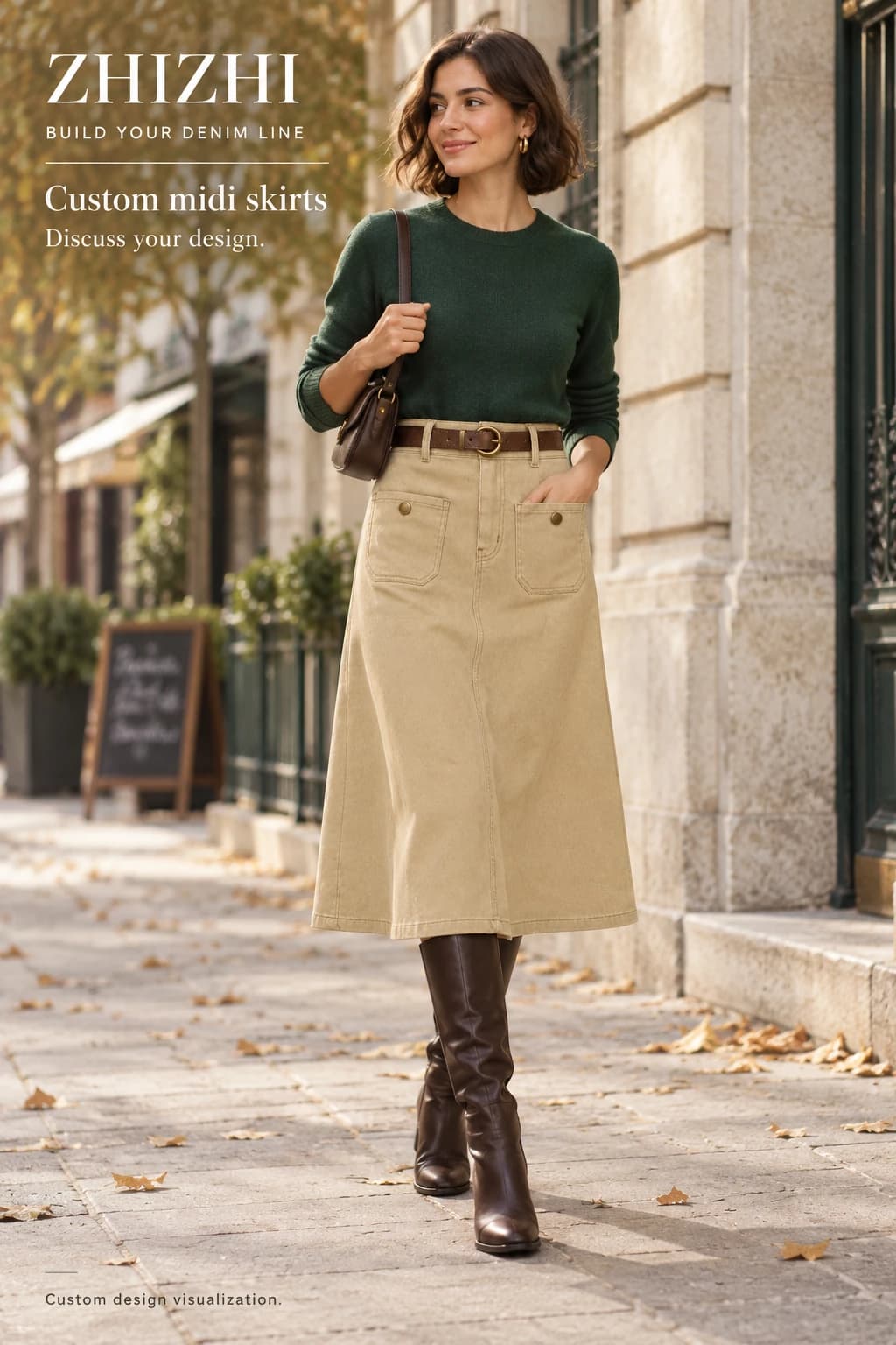Custom womens khaki patch pocket midi denim skirt design visualization — street-front — original design concept