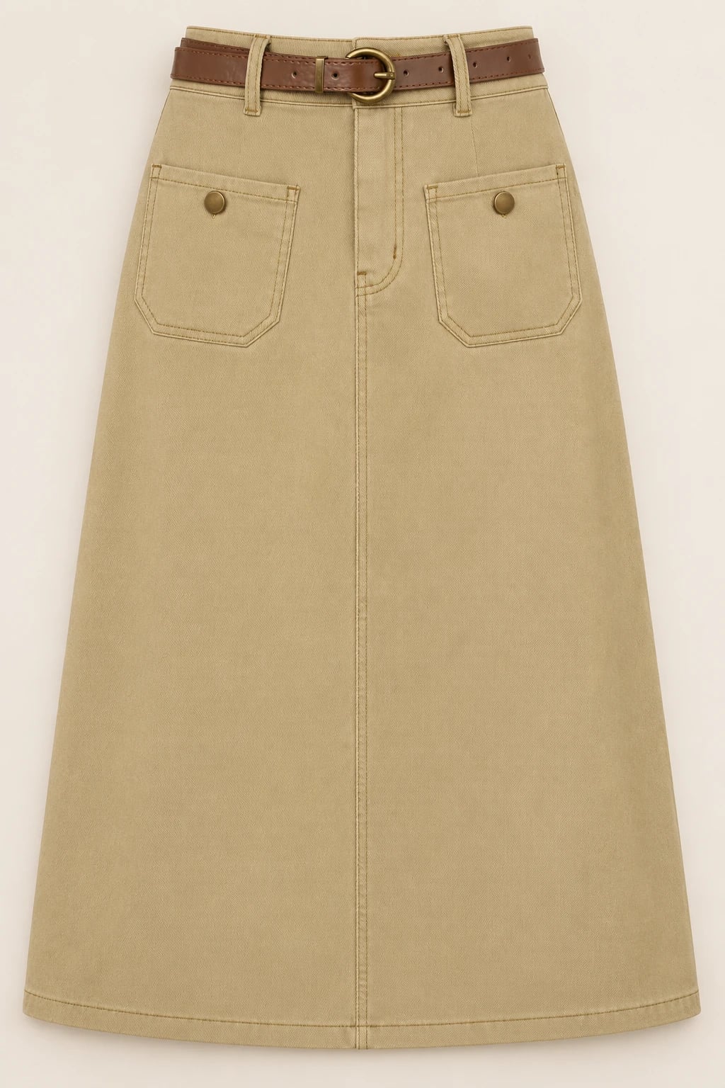 Custom Women’s Khaki Patch-Pocket Denim Midi Skirt — front — custom design visualization