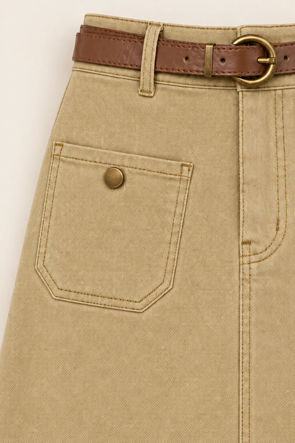 Custom Women’s Khaki Patch-Pocket Denim Midi Skirt — detail — custom design visualization