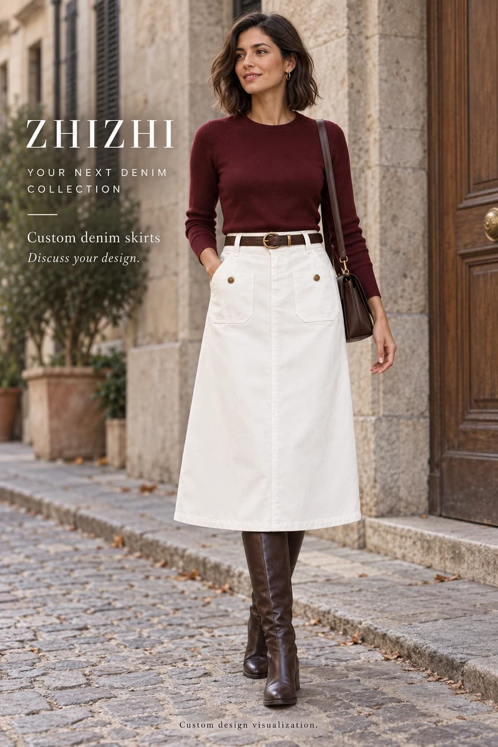 Custom womens white patch pocket midi denim skirt design visualization — street-front — original design concept