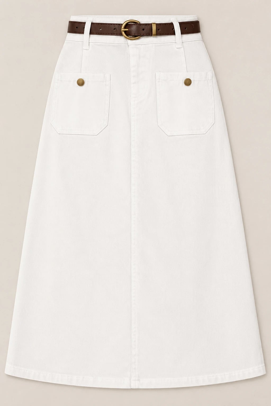 Custom Women’s White Patch-Pocket Denim Midi Skirt — front — custom design visualization