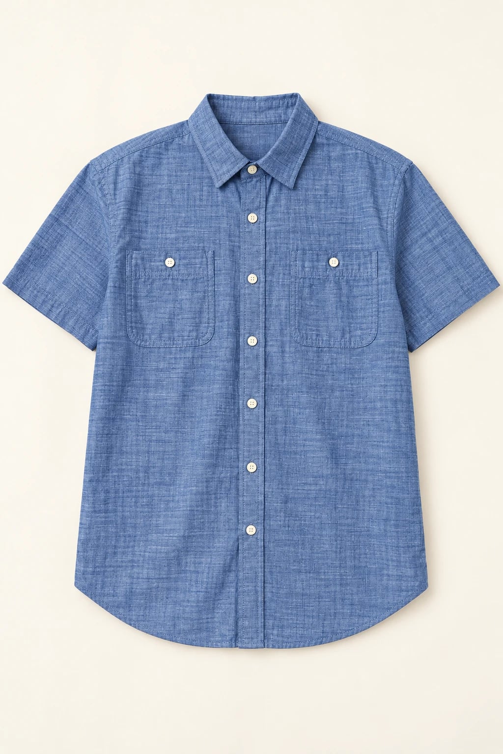 Custom Men's Blue Short Sleeve Chambray Button Pocket Shirt — front — custom design visualization