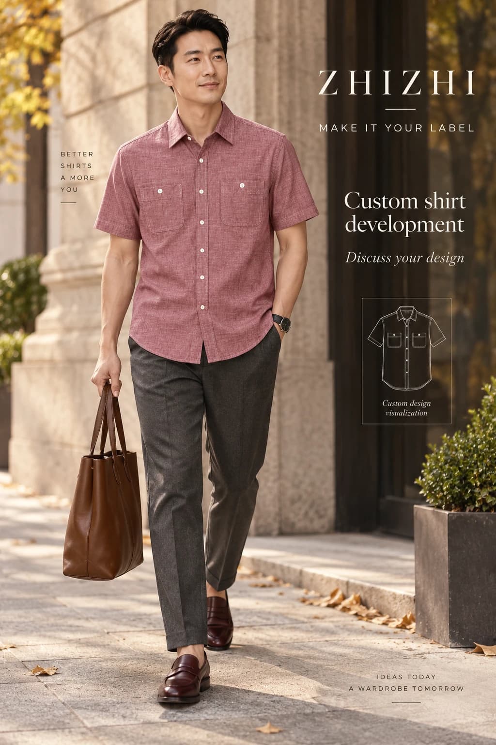 Custom mens burgundy short sleeve no flap pocket chambray shirt concept — street-front — original design concept