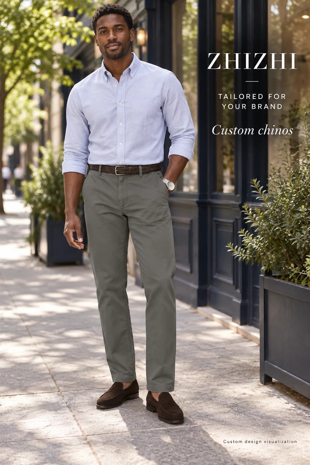 Custom mens gunmetal straight chino trousers concept — street-front — original design concept