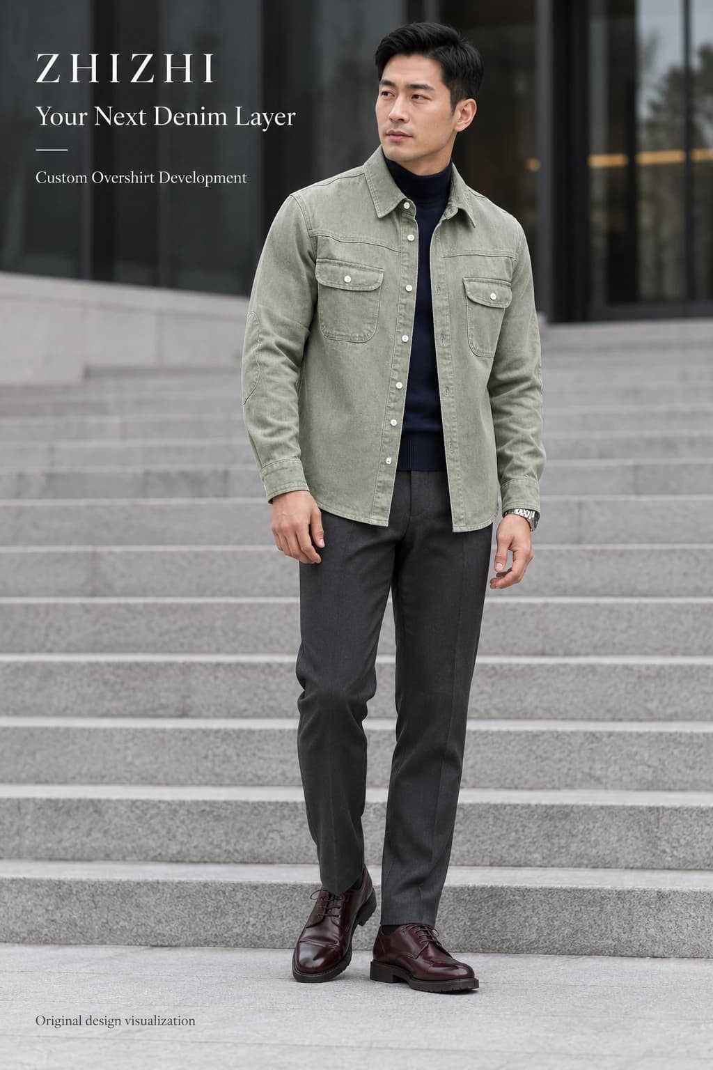 Custom mens light olive elbow-patch denim overshirt concept — street-front — original design concept