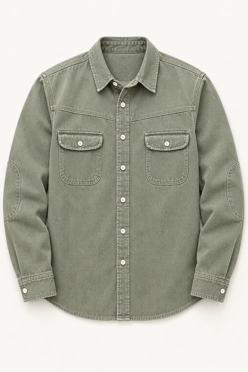 Custom Men’s Light Olive Elbow-Patch Denim Overshirt — front — custom design visualization