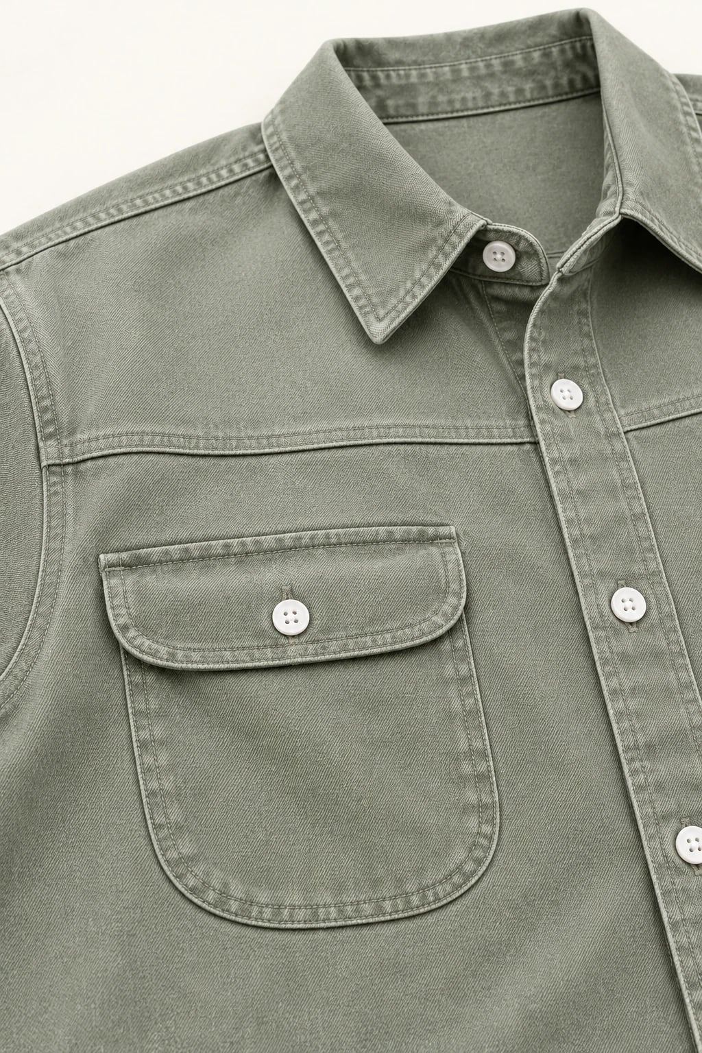 Custom Men’s Light Olive Elbow-Patch Denim Overshirt — detail — custom design visualization