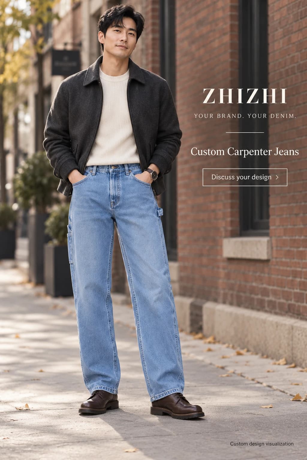 Custom mens retro light blue carpenter jeans concept — street-front — original design concept
