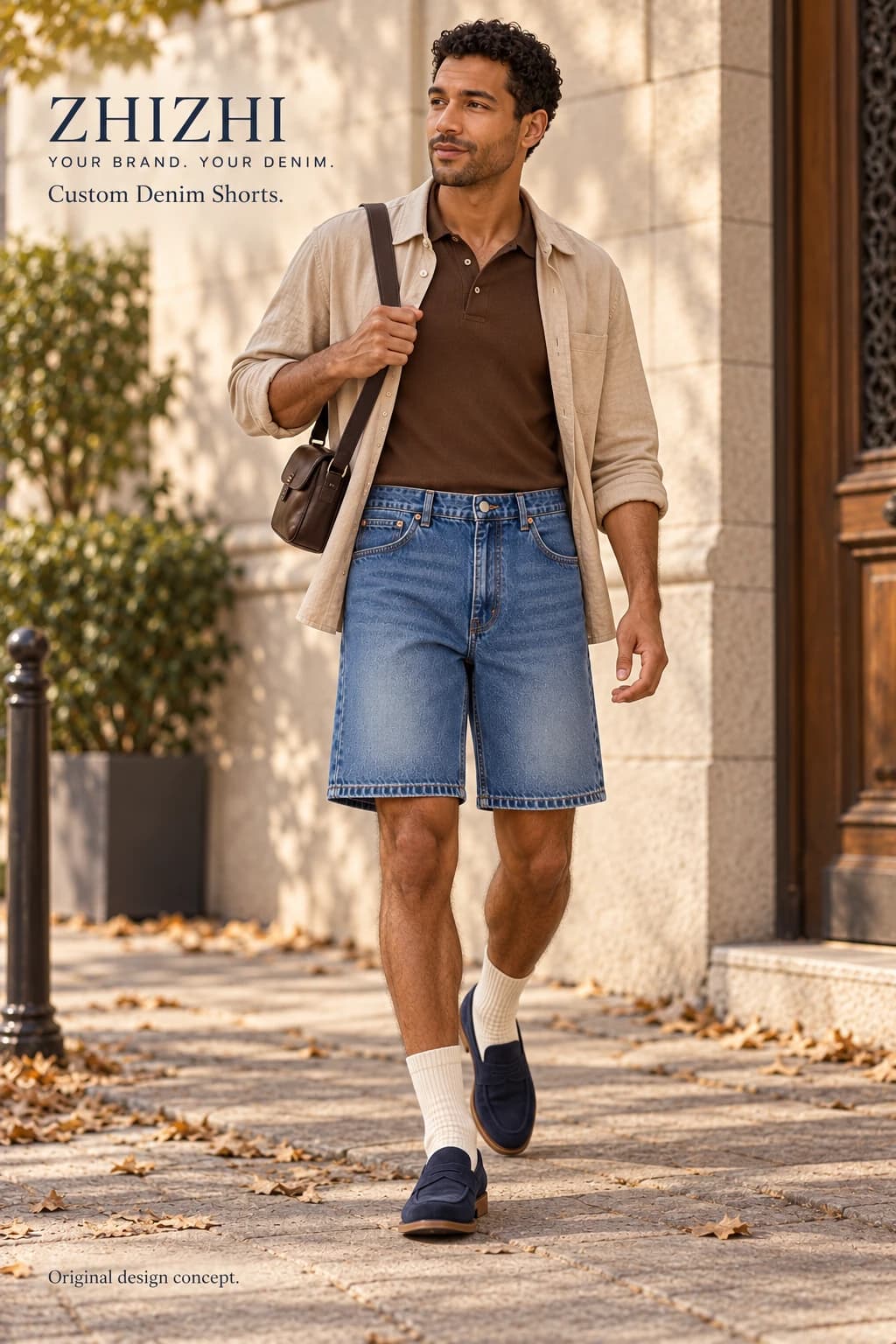 Custom mens vintage blue relaxed denim shorts concept — street-front — original design concept