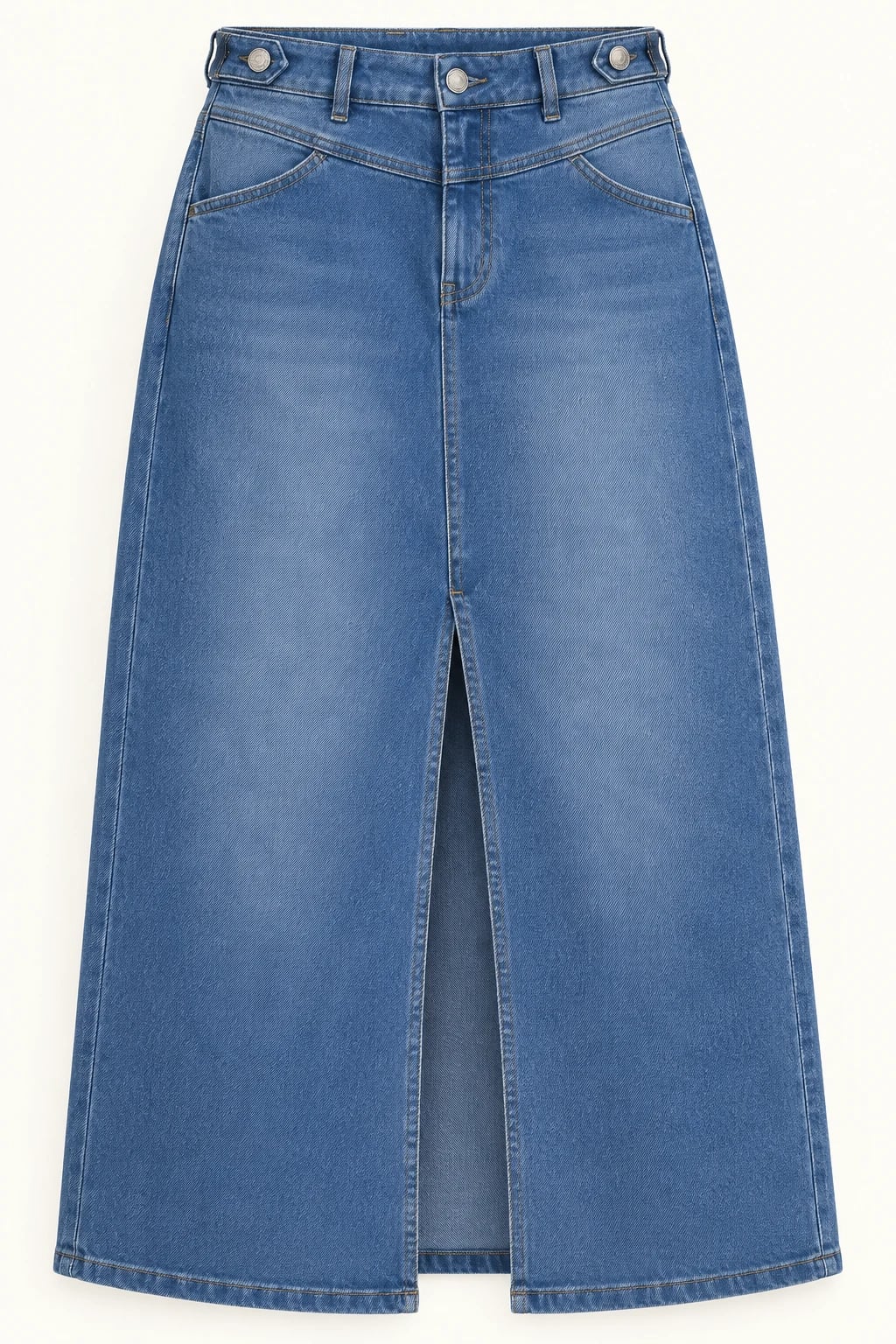 Custom Women's Blue Front Slit Denim Midi Skirt — front — custom design visualization