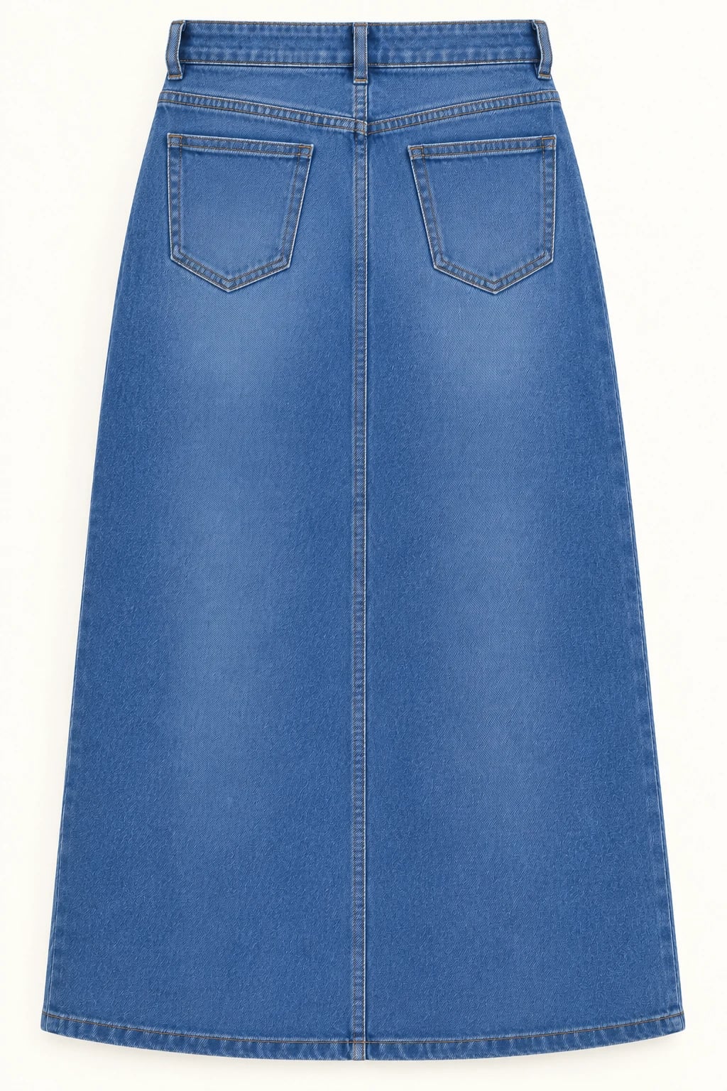 Custom Women's Blue Front Slit Denim Midi Skirt — back — custom design visualization