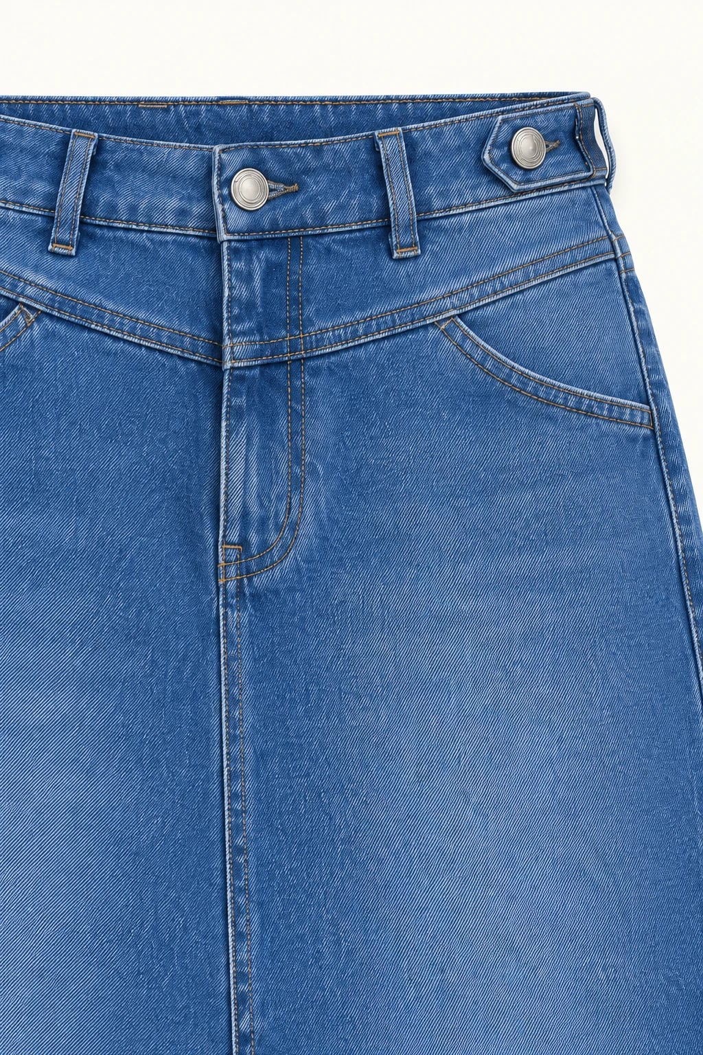 Custom Women's Blue Front Slit Denim Midi Skirt — detail — custom design visualization
